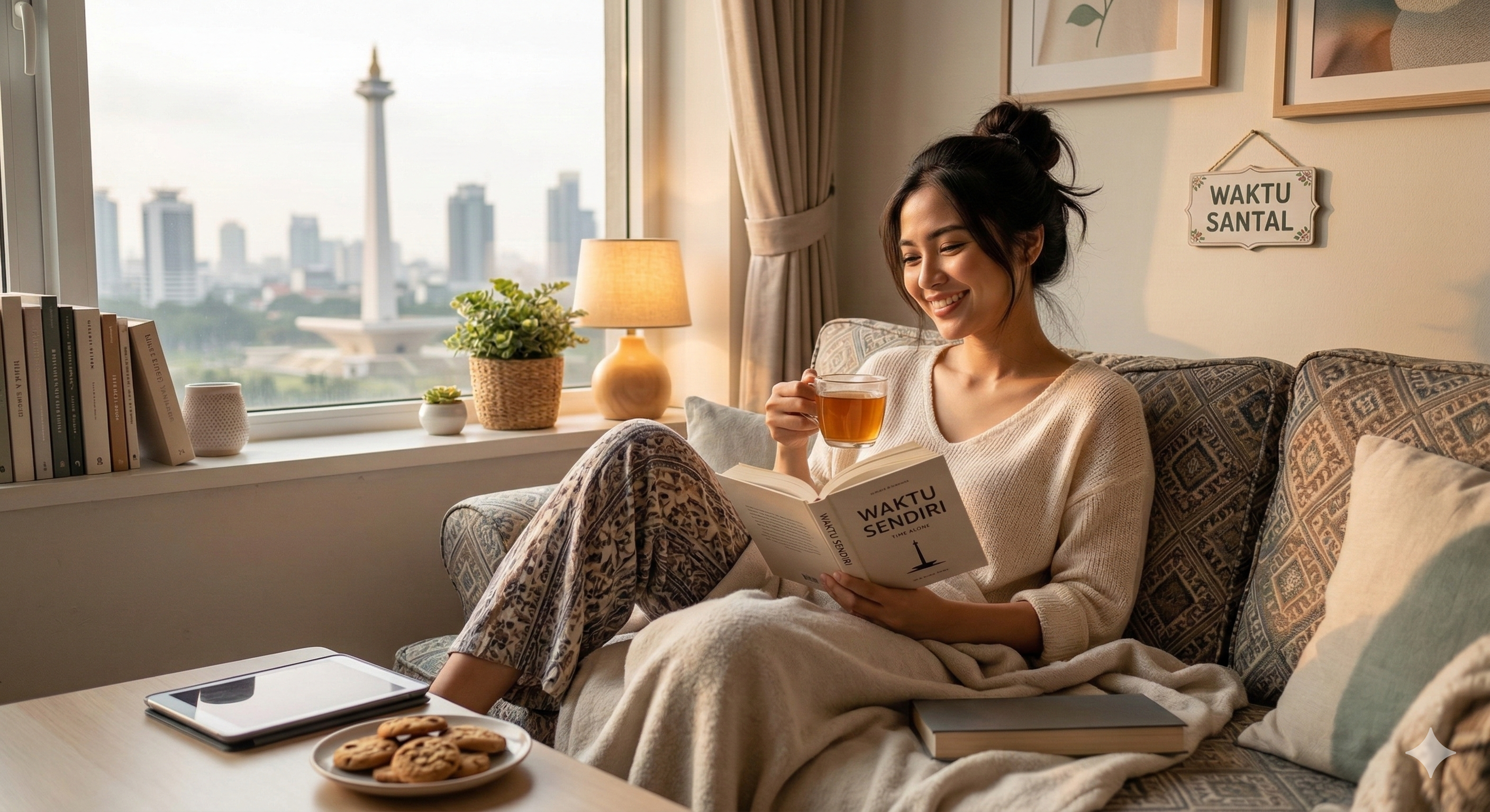 menikmati waktu santai di rumah setelah memasak