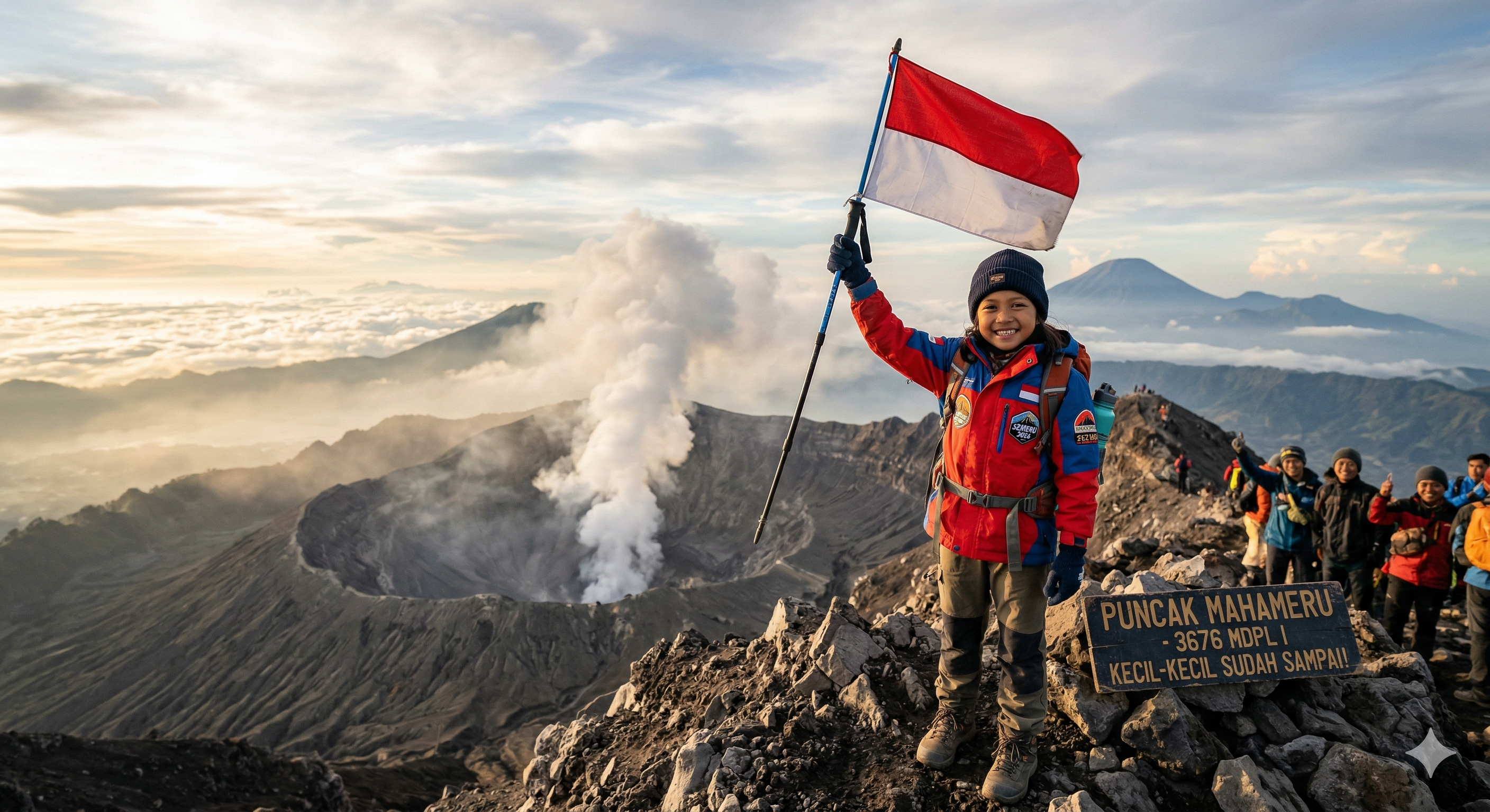 anak kecil mendaki gunung semeru menuju puncak mahameru
